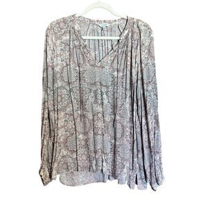 Lucky Brand Top Womens Large Multicolor Boho Flowy Split Neck Long Sleeve Blouse